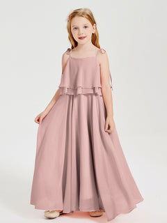 Long Chiffon Junior Bridesmaid Dresses Bowknot Spaghetti Straps Dusty Rose