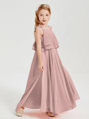 Long Chiffon Junior Bridesmaid Dresses Bowknot Spaghetti Straps Dusty Rose