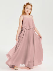 Long Chiffon Junior Bridesmaid Dresses Bowknot Spaghetti Straps Dusty Rose