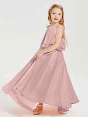 Long Chiffon Junior Bridesmaid Dresses Bowknot Spaghetti Straps Dusty Rose