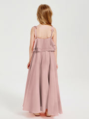Long Chiffon Junior Bridesmaid Dresses Bowknot Spaghetti Straps Dusty Rose