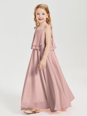 Long Chiffon Junior Bridesmaid Dresses Bowknot Spaghetti Straps Dusty Rose
