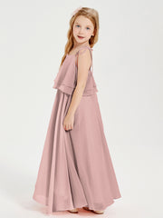 Long Chiffon Junior Bridesmaid Dresses Bowknot Spaghetti Straps Dusty Rose