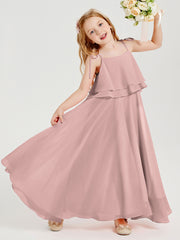 Long Chiffon Junior Bridesmaid Dresses Bowknot Spaghetti Straps Dusty Rose