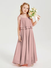 Long Chiffon Junior Bridesmaid Dresses Bowknot Spaghetti Straps Dusty Rose