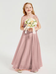 Long Chiffon Junior Bridesmaid Dresses Bowknot Spaghetti Straps Dusty Rose