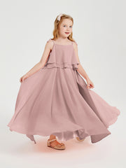 Long Chiffon Junior Bridesmaid Dresses Bowknot Spaghetti Straps Dusty Rose
