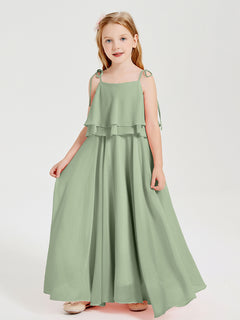 Long Chiffon Junior Bridesmaid Dresses Bowknot Spaghetti Straps Dusty Sage