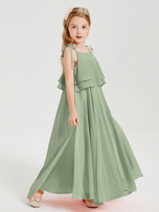 Long Chiffon Junior Bridesmaid Dresses Bowknot Spaghetti Straps Dusty Sage
