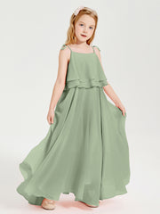 Long Chiffon Junior Bridesmaid Dresses Bowknot Spaghetti Straps Dusty Sage