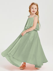 Long Chiffon Junior Bridesmaid Dresses Bowknot Spaghetti Straps Dusty Sage