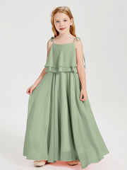 Long Chiffon Junior Bridesmaid Dresses Bowknot Spaghetti Straps Dusty Sage