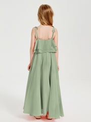 Long Chiffon Junior Bridesmaid Dresses Bowknot Spaghetti Straps Dusty Sage