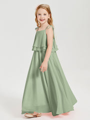 Long Chiffon Junior Bridesmaid Dresses Bowknot Spaghetti Straps Dusty Sage