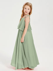 Long Chiffon Junior Bridesmaid Dresses Bowknot Spaghetti Straps Dusty Sage