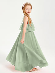 Long Chiffon Junior Bridesmaid Dresses Bowknot Spaghetti Straps Dusty Sage