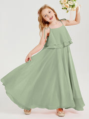 Long Chiffon Junior Bridesmaid Dresses Bowknot Spaghetti Straps Dusty Sage