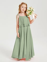 Long Chiffon Junior Bridesmaid Dresses Bowknot Spaghetti Straps Dusty Sage