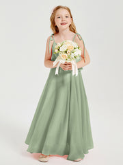 Long Chiffon Junior Bridesmaid Dresses Bowknot Spaghetti Straps Dusty Sage