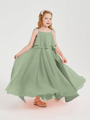 Long Chiffon Junior Bridesmaid Dresses Bowknot Spaghetti Straps Dusty Sage