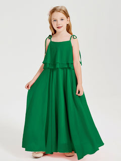 Long Chiffon Junior Bridesmaid Dresses Bowknot Spaghetti Straps Emerald