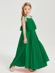 Long Chiffon Junior Bridesmaid Dresses Bowknot Spaghetti Straps Emerald