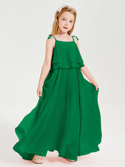Long Chiffon Junior Bridesmaid Dresses Bowknot Spaghetti Straps Emerald