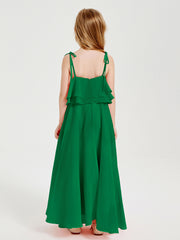 Long Chiffon Junior Bridesmaid Dresses Bowknot Spaghetti Straps Emerald