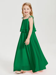 Long Chiffon Junior Bridesmaid Dresses Bowknot Spaghetti Straps Emerald