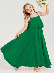 Long Chiffon Junior Bridesmaid Dresses Bowknot Spaghetti Straps Emerald