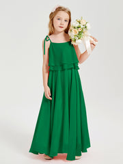 Long Chiffon Junior Bridesmaid Dresses Bowknot Spaghetti Straps Emerald