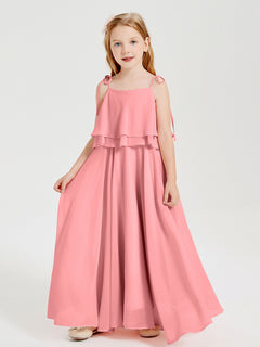 Long Chiffon Junior Bridesmaid Dresses Bowknot Spaghetti Straps Flamingo