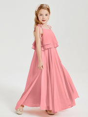 Long Chiffon Junior Bridesmaid Dresses Bowknot Spaghetti Straps Flamingo