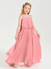 Long Chiffon Junior Bridesmaid Dresses Bowknot Spaghetti Straps Flamingo