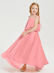 Long Chiffon Junior Bridesmaid Dresses Bowknot Spaghetti Straps Flamingo