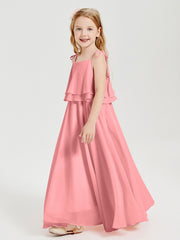 Long Chiffon Junior Bridesmaid Dresses Bowknot Spaghetti Straps Flamingo