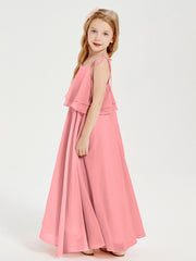 Long Chiffon Junior Bridesmaid Dresses Bowknot Spaghetti Straps Flamingo