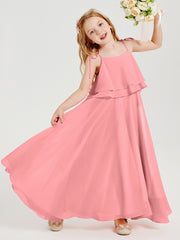 Long Chiffon Junior Bridesmaid Dresses Bowknot Spaghetti Straps Flamingo