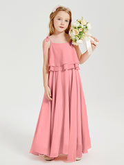 Long Chiffon Junior Bridesmaid Dresses Bowknot Spaghetti Straps Flamingo