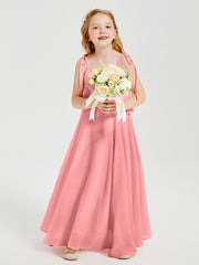 Long Chiffon Junior Bridesmaid Dresses Bowknot Spaghetti Straps Flamingo