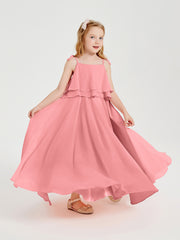 Long Chiffon Junior Bridesmaid Dresses Bowknot Spaghetti Straps Flamingo