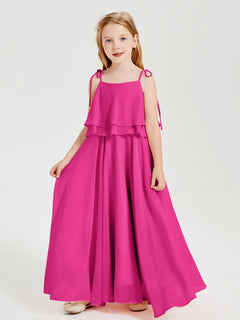 Long Chiffon Junior Bridesmaid Dresses Bowknot Spaghetti Straps Fuchsia