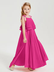 Long Chiffon Junior Bridesmaid Dresses Bowknot Spaghetti Straps Fuchsia