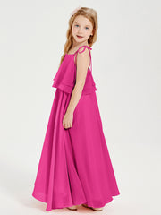 Long Chiffon Junior Bridesmaid Dresses Bowknot Spaghetti Straps Fuchsia