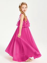 Long Chiffon Junior Bridesmaid Dresses Bowknot Spaghetti Straps Fuchsia