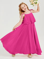 Long Chiffon Junior Bridesmaid Dresses Bowknot Spaghetti Straps Fuchsia
