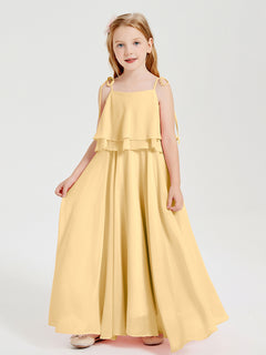 Long Chiffon Junior Bridesmaid Dresses Bowknot Spaghetti Straps Gold