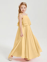 Long Chiffon Junior Bridesmaid Dresses Bowknot Spaghetti Straps Gold