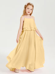 Long Chiffon Junior Bridesmaid Dresses Bowknot Spaghetti Straps Gold