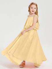 Long Chiffon Junior Bridesmaid Dresses Bowknot Spaghetti Straps Gold
